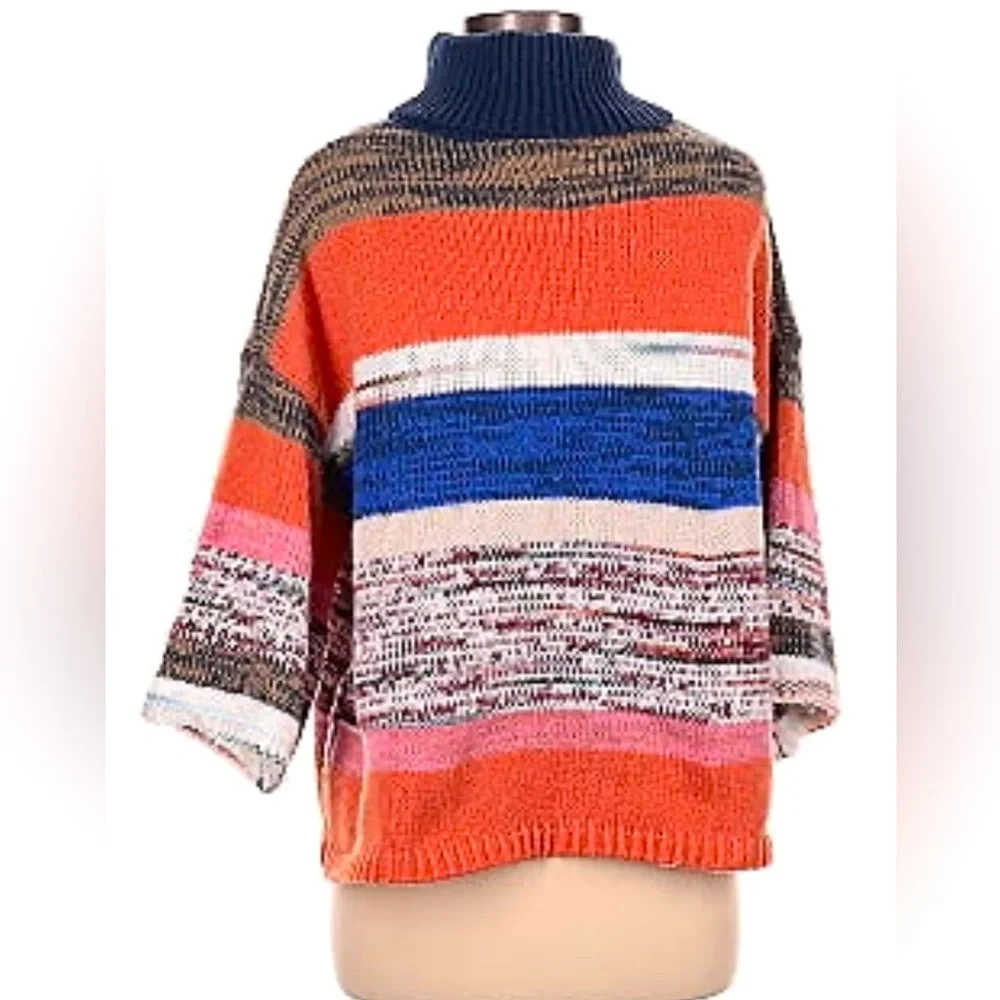 KNOX ROSE™ Cozy Colorful Striped Knit Turtleneck Sweater w 3/4 length Sleeves - Picture 6 of 8